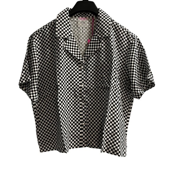 Terez Top Womens L White Black Check Button Front Cropped Shirt Racing Sporty - Picture 1 of 7
